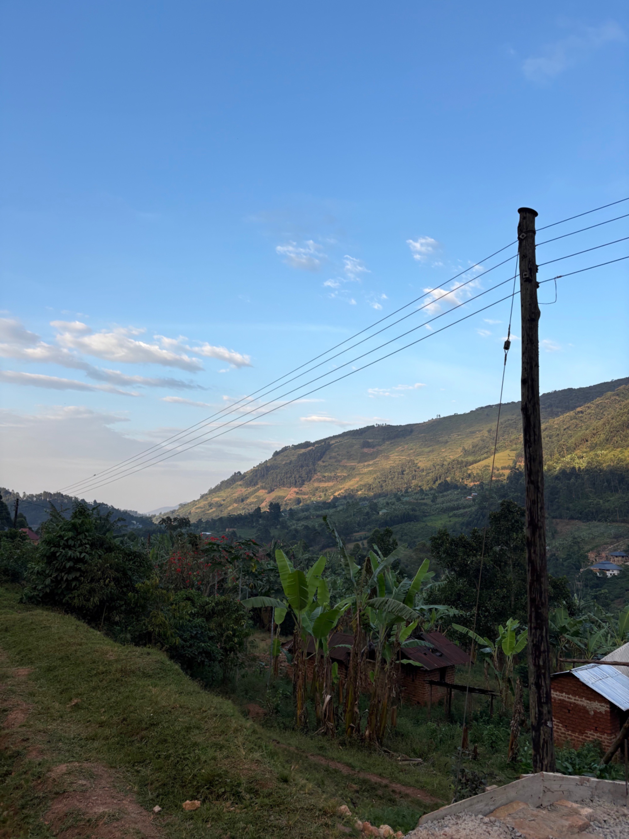 View into the valley of Buhoma, Uganda — green hills in the afternoon light
